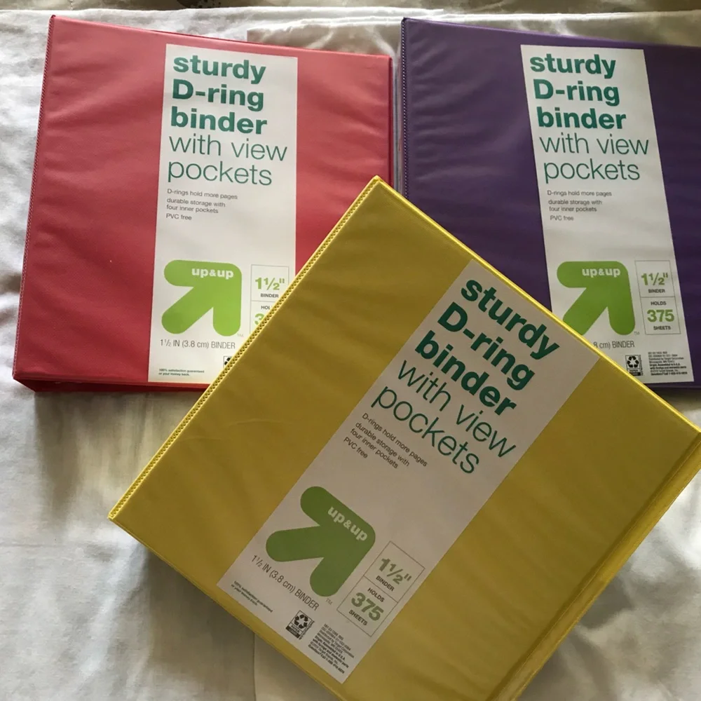 Set of 5 1 1/2” D-Ring Binders w View Pockets in Red, Yellow, Blue, Purple (2)